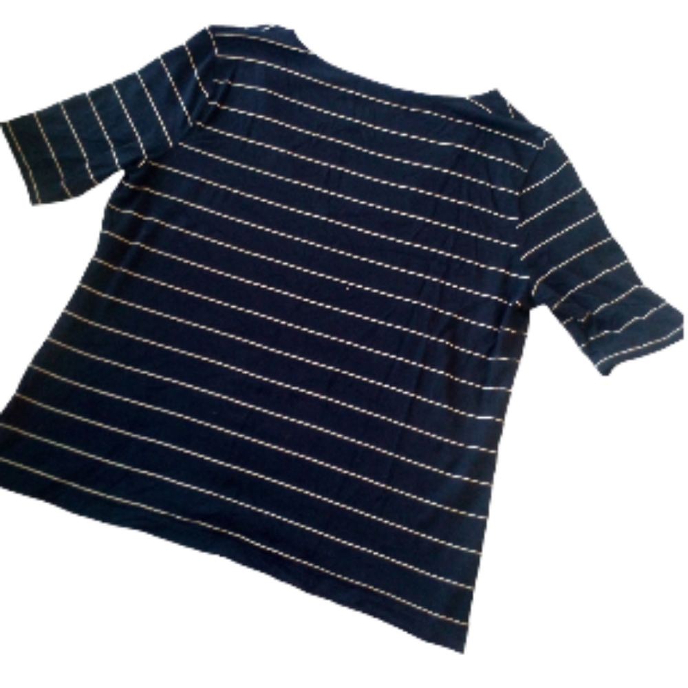 Lauren Ralph Lauren top black w/cream horizon stripes deep v-neck half sleeve XL - Picture 2 of 5